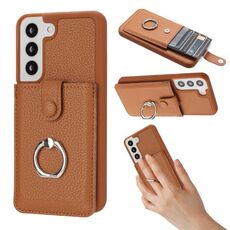 Per Samsung Galaxy S22 5G Litchi Texture Disegno Carta Borsa Anello Supporto Custodia per Telefono (Marrone)