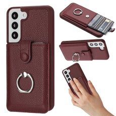 Per Samsung Galaxy S22 5G Litchi Texture Disegno Carta Borsa Anello Custodia per Telefono (Rosso Vino)
