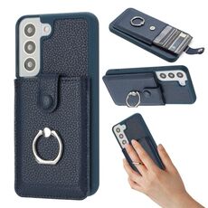 Per Samsung Galaxy S22 5G Litchi Texture Disegno Carta Borsa Anello Custodia per Telefono (Blu)