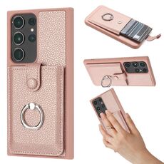 Per Samsung Galaxy S22 Ultra 5G Litchi Texture Disegno Carta Borsa Anello Supporto Custodia per Telefono (Oro Rosa)