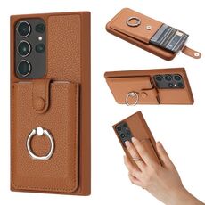 Per Samsung Galaxy S22 Ultra 5G Litchi Texture Disegno Carta Borsa Anello Supporto Custodia per Telefono (Marrone)