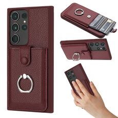 Per Samsung Galaxy S22 Ultra 5G Litchi Texture Disegno Carta Borsa Anello Custodia per Telefono (Rosso Vino)