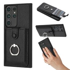 Per Samsung Galaxy S22 Ultra 5G Litchi Texture Disegno Carta Borsa Anello Custodia per Telefono (Nero)