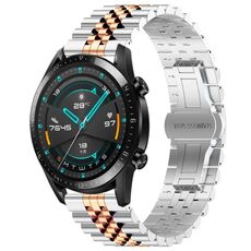 Per Huawei Watch GT 42mm / 46mm / GT2 46mm Cinturino per orologio in acciaio inossidabile semicircolare a cinque tori + strumento per la rimozione del cinturino (argento + oro rosa)