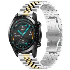 Per Huawei Watch GT 42mm / 46mm / GT2 46mm Cinturino per orologio in acciaio inossidabile mezzo toro a cinque tori + strumento per la rimozione del cinturino (argento + oro)