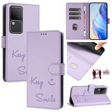Per vivo V30 5G Global Smile Embossing RFID Custodia in pelle per telefono (viola chiaro)