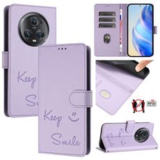 Custodia per telefono in pelle RFID con stampa Smile per Honor Magic5 Pro (viola chiaro)