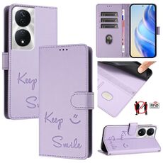 Custodia per telefono in pelle RFID con stampa a sorriso per Honor Play 50 Plus 5G (viola chiaro)