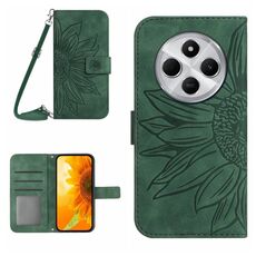 Per Redmi 14C 4G Custodia in pelle con stampa a fiore di sole e cordino (verde)