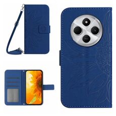 Per Redmi 14C 4G Custodia in pelle con stampa a fiore di sole e cordino (blu scuro)