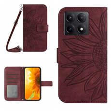 Per Xiaomi 14T 5G Global Skin Feel Sun Flower Custodia in pelle con cordino (rosso vino)