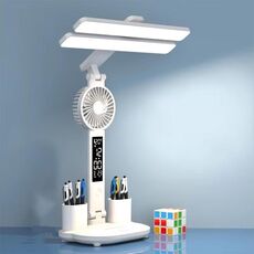 Lampada da scrivania orizzontale a doppia testa, lampada da lettura a 3 colori, specifiche: modello con orologio e ventola plug-in