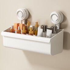 Mensola da bagno a parete con ventosa, scarico, portaoggetti staccabile, cestino appeso, stile: grande bianco