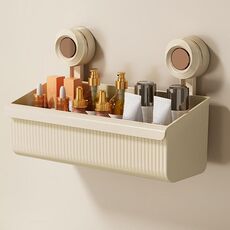 Mensola da bagno a parete con ventosa, scarico, portaoggetti staccabile, cestino appeso, stile: grande marrone