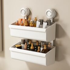 Mensola da bagno a parete con ventosa, scarico, portaoggetti staccabile, cestino appeso, stile: 2 strati, grande, bianco