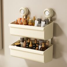 Mensola da bagno a parete con ventosa, scarico, portaoggetti staccabile, cestino appeso, stile: 2 strati, grande, crema