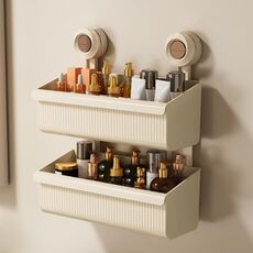 Mensola da bagno a parete con ventosa, scarico, portaoggetti staccabile, cestino appeso, stile: 2 strati, grande, marrone