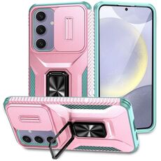 Per Samsung Galaxy S24 FE 5G Custodia per telefono con supporto scorrevole Camshield (rosa + grigio verde)