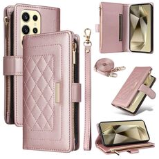 Per Samsung Galaxy S24 Ultra 5G Custodia per telefono in pelle con cerniera a rombi (oro rosa)