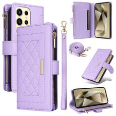 Per Samsung Galaxy S24 Ultra 5G Portafoglio con cerniera a tracolla in pelle a rombi (viola)