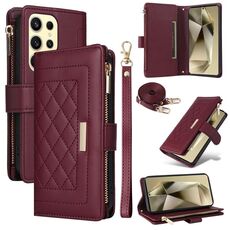 Per Samsung Galaxy S24 Ultra 5G Custodia per telefono in pelle con cerniera a rombo (rosso vino)