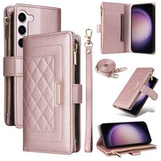 Per Samsung Galaxy S23+ 5G Portafoglio con cerniera a tracolla in pelle a rombi (oro rosa)