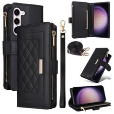 Per Samsung Galaxy S23+ 5G Portafoglio con cerniera a tracolla in pelle a rombi (nero)