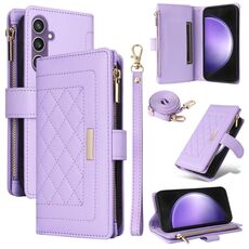 Per Samsung Galaxy S23 FE 5G Portafoglio con cerniera a tracolla in pelle a rombi (viola)