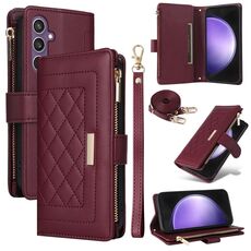 Per Samsung Galaxy S23 FE 5G Custodia per telefono in pelle con cerniera a rombi e tracolla (rosso vino)
