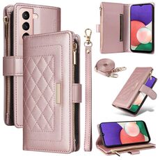 Per Samsung Galaxy S22+ 5G Portafoglio con cerniera a tracolla in pelle a rombi (oro rosa)
