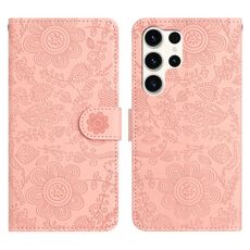Per Samsung Galaxy S24 Ultra 5G Custodia in pelle con motivo floreale in rilievo (rosa)