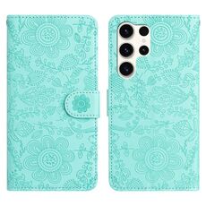 Per Samsung Galaxy S24 Ultra 5G Custodia in pelle con motivo floreale in rilievo (verde chiaro)