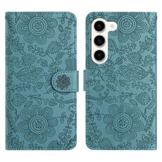 Per Samsung Galaxy S23+ 5G Custodia in pelle con motivo floreale in rilievo (verde scuro)