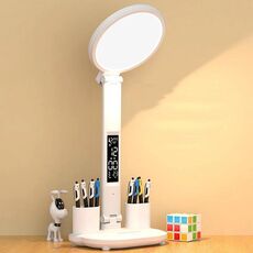 Modello Plug-in con Orologio Lampada da Scrivania Rotonda Studio Lettura Pieghevole Intelligente Comodino Lampada di Protezione per gli Occhi