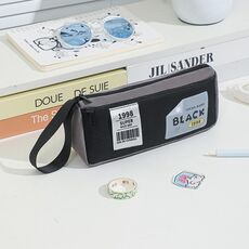 Astuccio portapenne portatile a doppio strato con design a triangolo retrò, borsa da cancelleria per studenti (nero)
