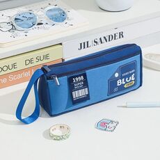 Astuccio portapenne portatile a doppio strato con design a triangolo retrò, borsa da cancelleria per studenti (blu navy)