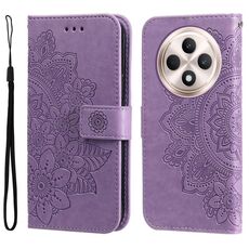 Per OPPO Reno12 F 4G Custodia in pelle con stampa a fiori a sette petali (viola chiaro)