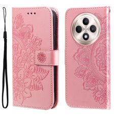 Per OPPO Reno12 F 4G Custodia in pelle con stampa a fiori a sette petali (oro rosa)