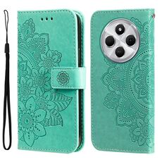 Per Redmi 14C 4G Custodia in pelle con stampa a fiori a sette petali (verde)