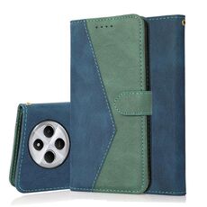 Per Redmi 14C 4G Custodia per telefono in pelle con cuciture bicolore (blu verde)
