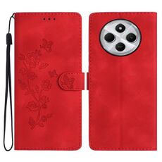 Per Redmi 14C 4G Custodia in pelle con motivo a farfalla e fiore (rosso)
