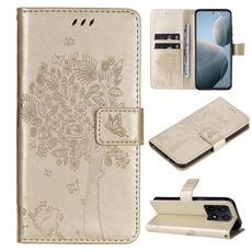 Per Xiaomi 14T Custodia in pelle con motivo in rilievo albero e gatto (oro)