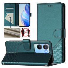 Per vivo Y56 5G / Y16 4G / Y02s 4G Custodia per telefono in pelle con stampa a nido d'ape globale RFID (verde pavone)
