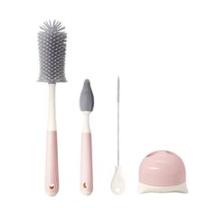 Spazzola rotante multifunzione in silicone per la pulizia della tazza, set di spazzole per la pulizia del capezzolo della bottiglia e della cannuccia (manico dritto rosa)