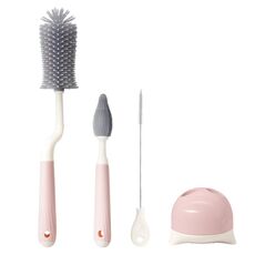 Spazzola rotante multifunzione in silicone per la pulizia della tazza, set di spazzole per la pulizia dei capezzoli delle bottiglie e delle cannucce (manico piegato rosa)