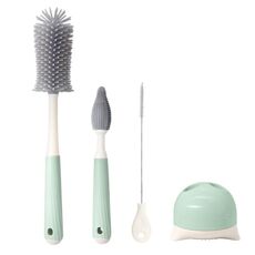 Spazzola rotante multifunzione in silicone per la pulizia della tazza, set di spazzole per la pulizia del capezzolo della bottiglia e della cannuccia (manico dritto verde)