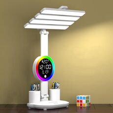 Lampada da tavolo a LED orizzontale a 4 teste per la cura degli occhi, per bambini, studio, lettura, con portapenne, stile: orologio, ricaricabile, 2000 mAh