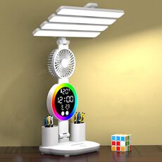 Lampada da tavolo a LED orizzontale a 4 teste per la cura degli occhi, per bambini, studio, lettura, con portapenne, stile: ventilatore, orologio, spina di alimentazione