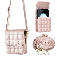Per Samsung Galaxy Z Flip6 BFB04 Plaid Crossbody Fold Phone Bag (oro rosa)