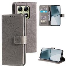 Per Xiaomi 14T Custodia per telefono in pelle goffrata con motivo a fiori Totem con cordino (grigio)